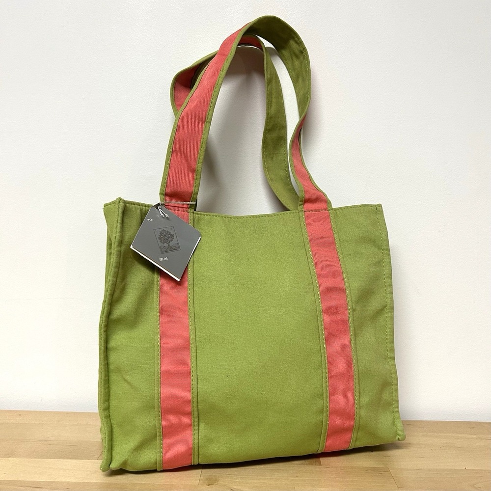 Crabtree & Evelyn Tote Bag Green Pink Canvas Summer Hill Preppy Coastal Vtg Y2k